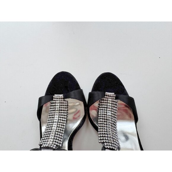 BADGLEY MISCHKA Java Black Satin Velvet Crystal TT-Stra Stiletto Heels, Size 7.5 - Picture 6 of 15